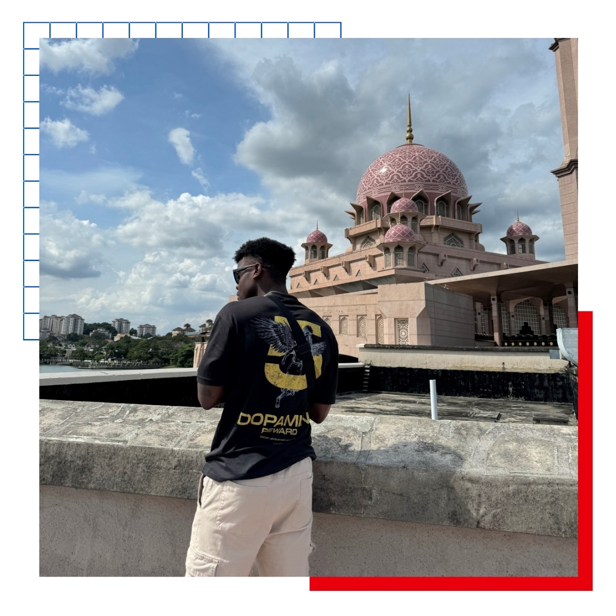 University of Kansas Architecture student James Price poses in front of buildings in Malaysia on a study abroad trip to Asia.