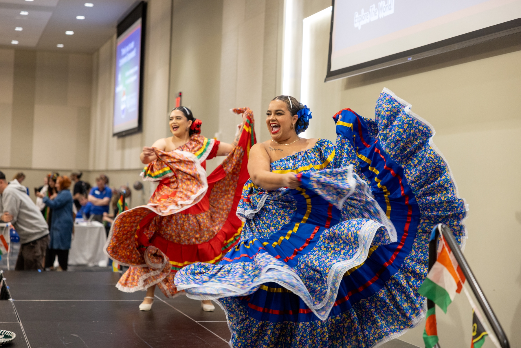 Dancers on stage at the International Jayhawk Festival at the University of Kansas.
