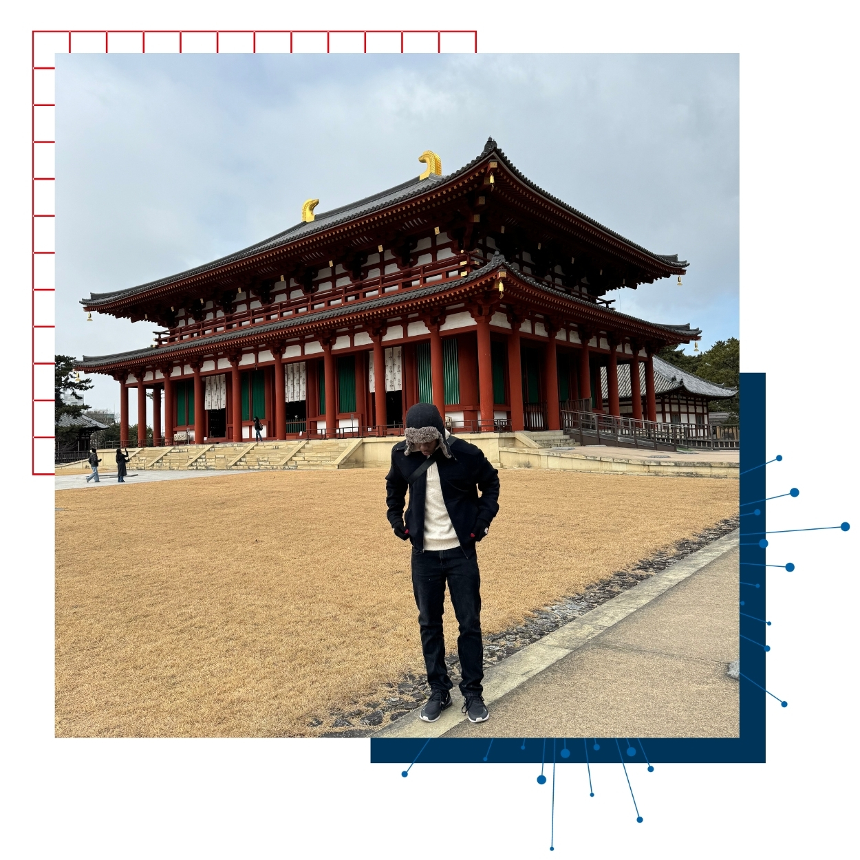 University of Kansas Architecture student James Price poses in front of a building in Japan on a study abroad trip to Asia.