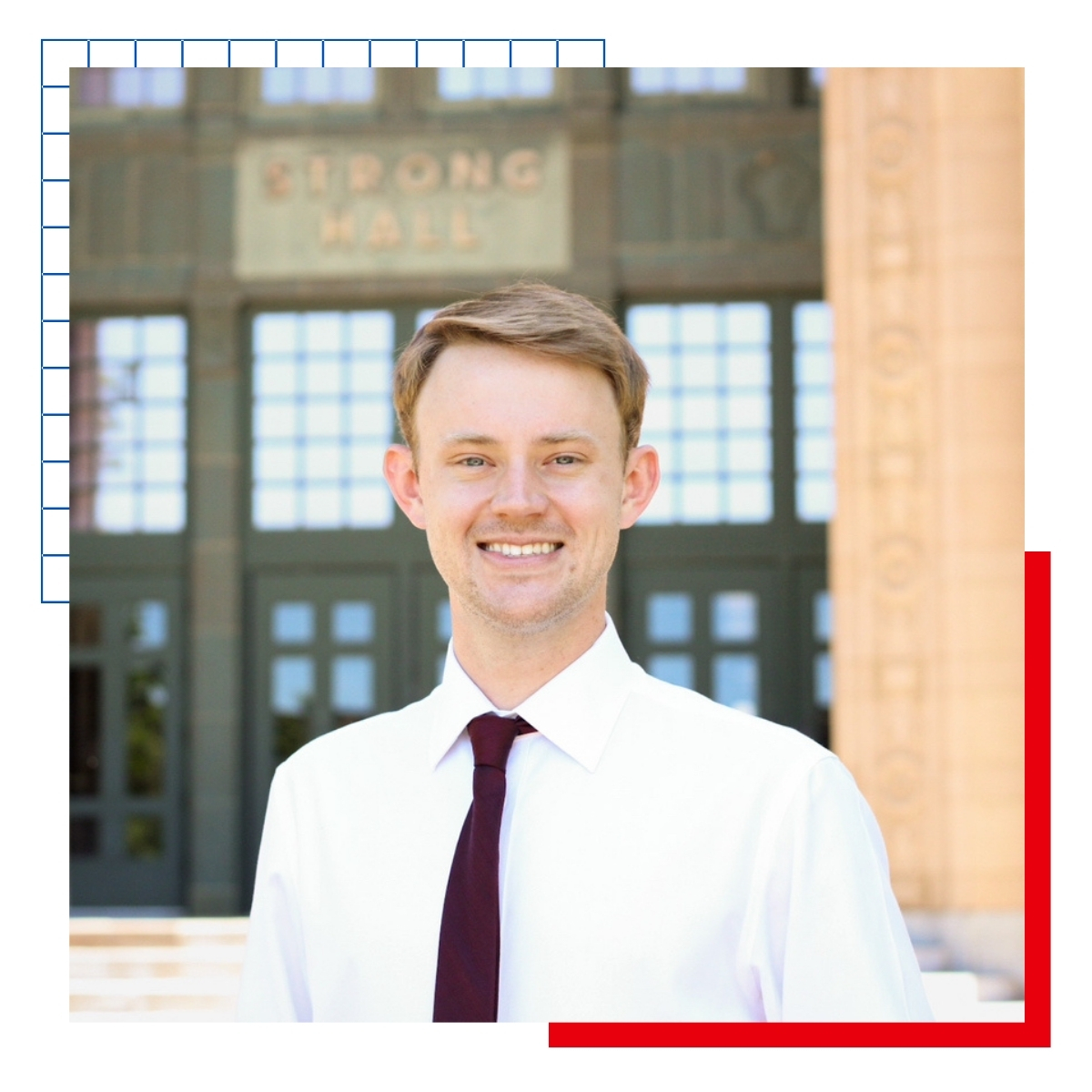 University of Kansas architecture student Adam Cory in front of Strong Hall.