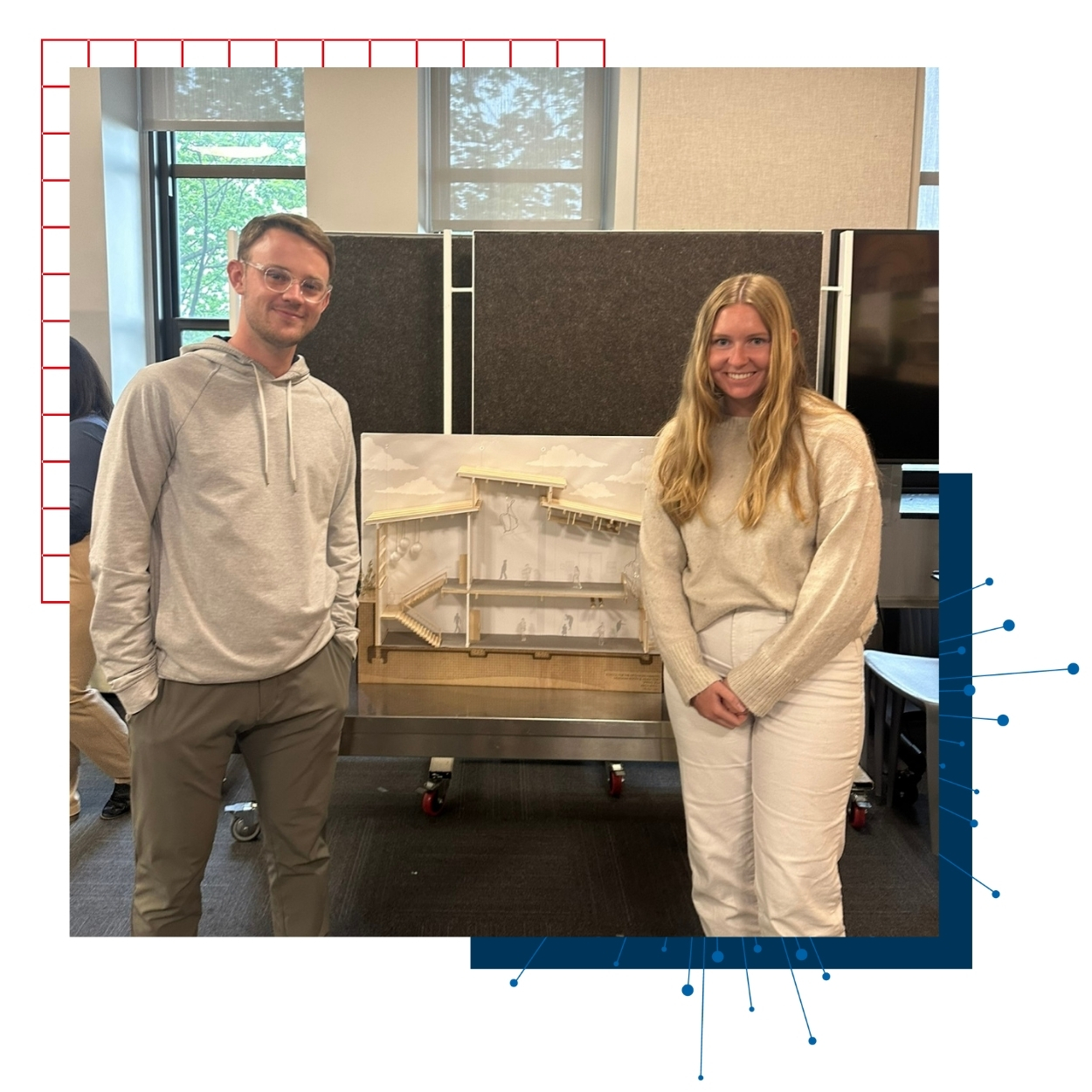 University of Kansas architecture students in front of a completed model for a final review