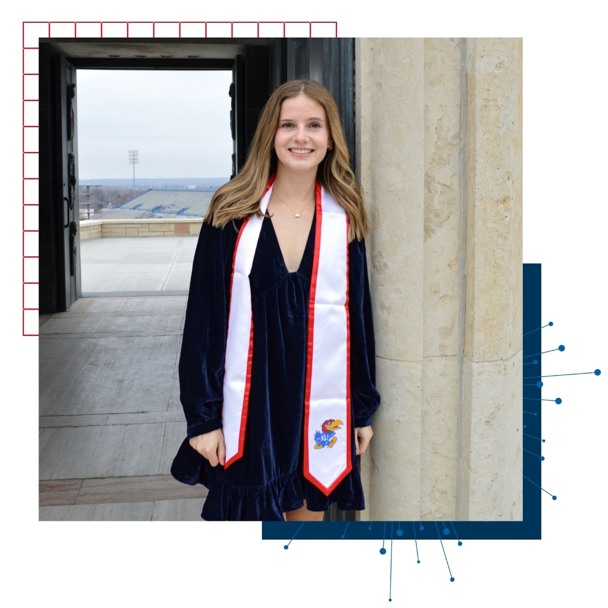 University of Kansas Community Health alumnus Alden Pennington in her graduation cap and gown inside the Campanile on the KU campus.