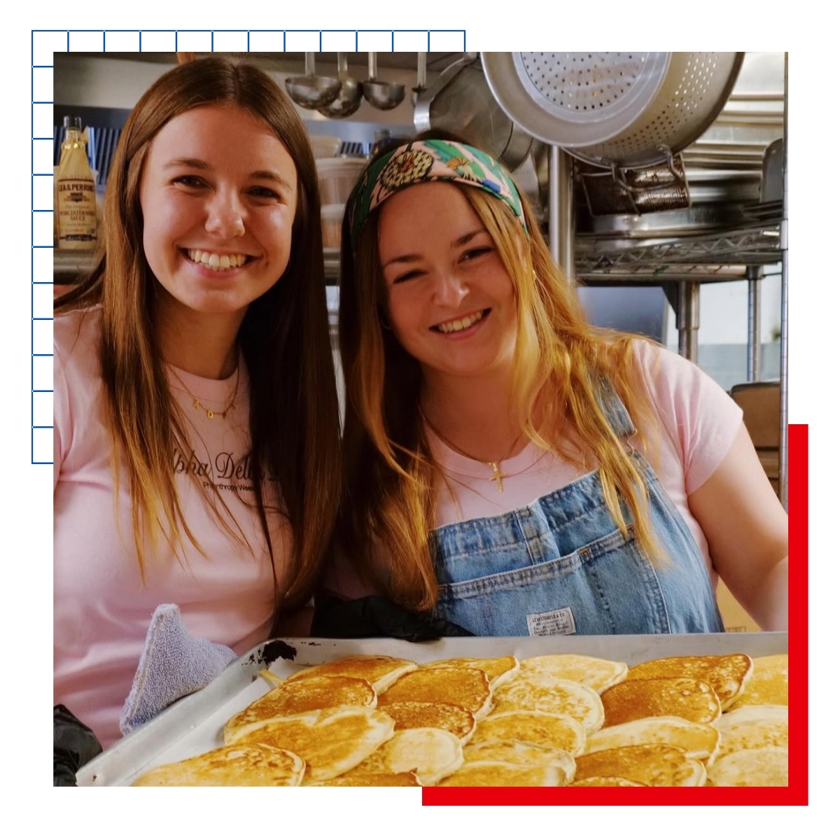 Maria Molinari and another member of the Alpha Delta Pi chapter at KU serve pancakes at a philanthropy event.