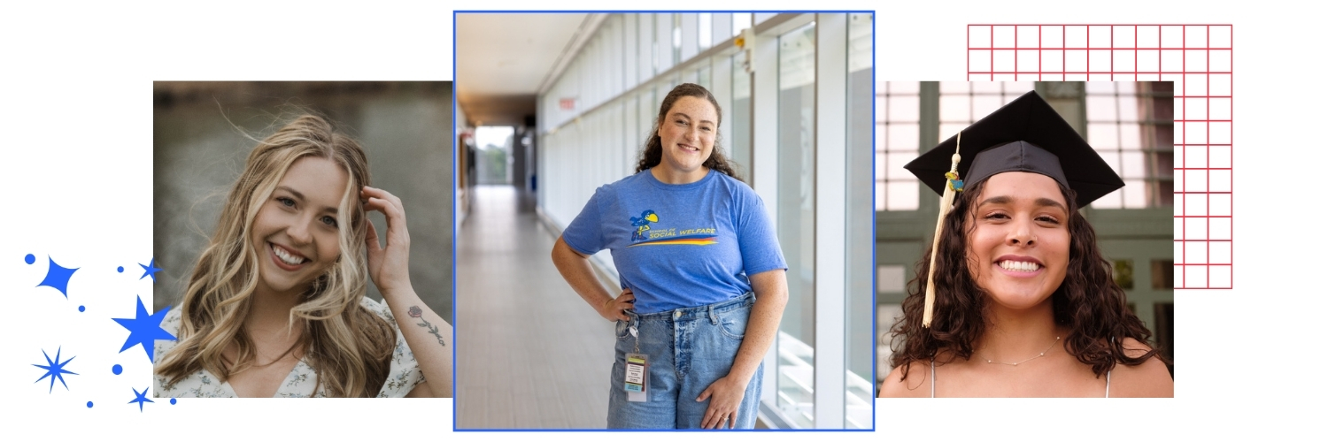 A photo collage of three University of Kansas social work alumni. Red grids and blue stars accent the photos of their faces. 