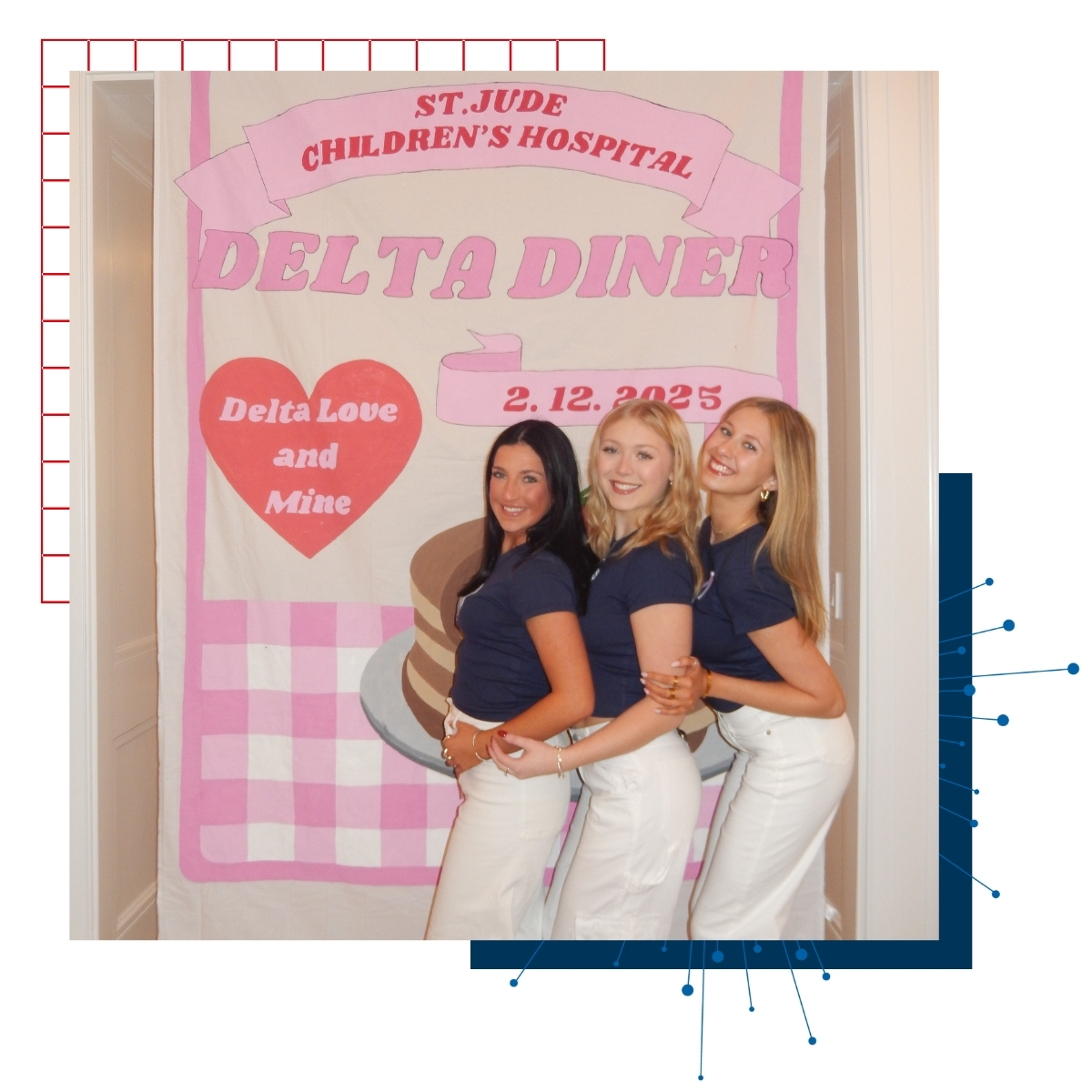 Three University of Kansas sorority women pose in front of a Delta Diner sign as part of a St. Jude fundraiser.