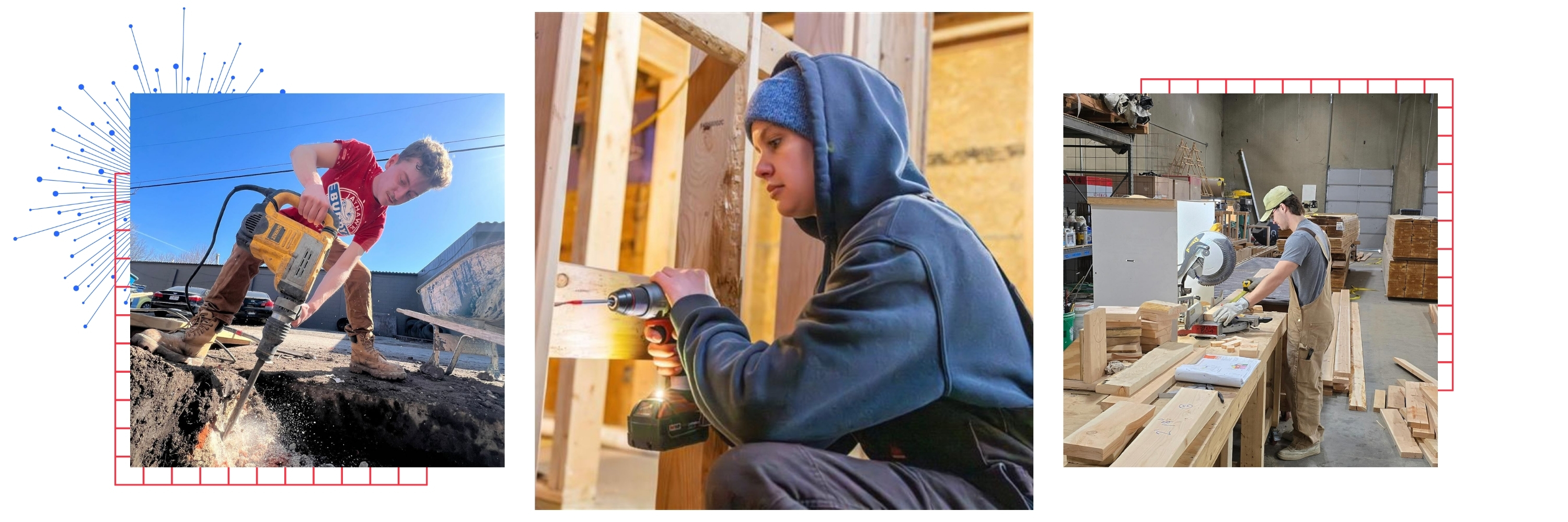 A collage of students in the University of Kansas Studio 804 program, working on the 2025 home build. 