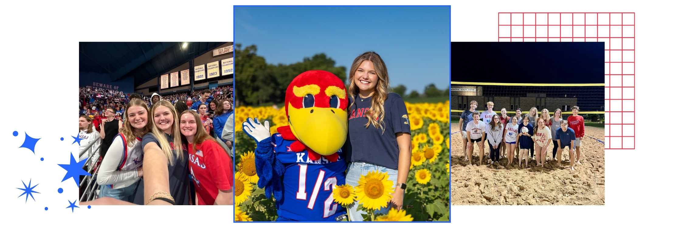 A collage featuring University of Kansas student Elsa Covi, participating in a variety of campus activities.