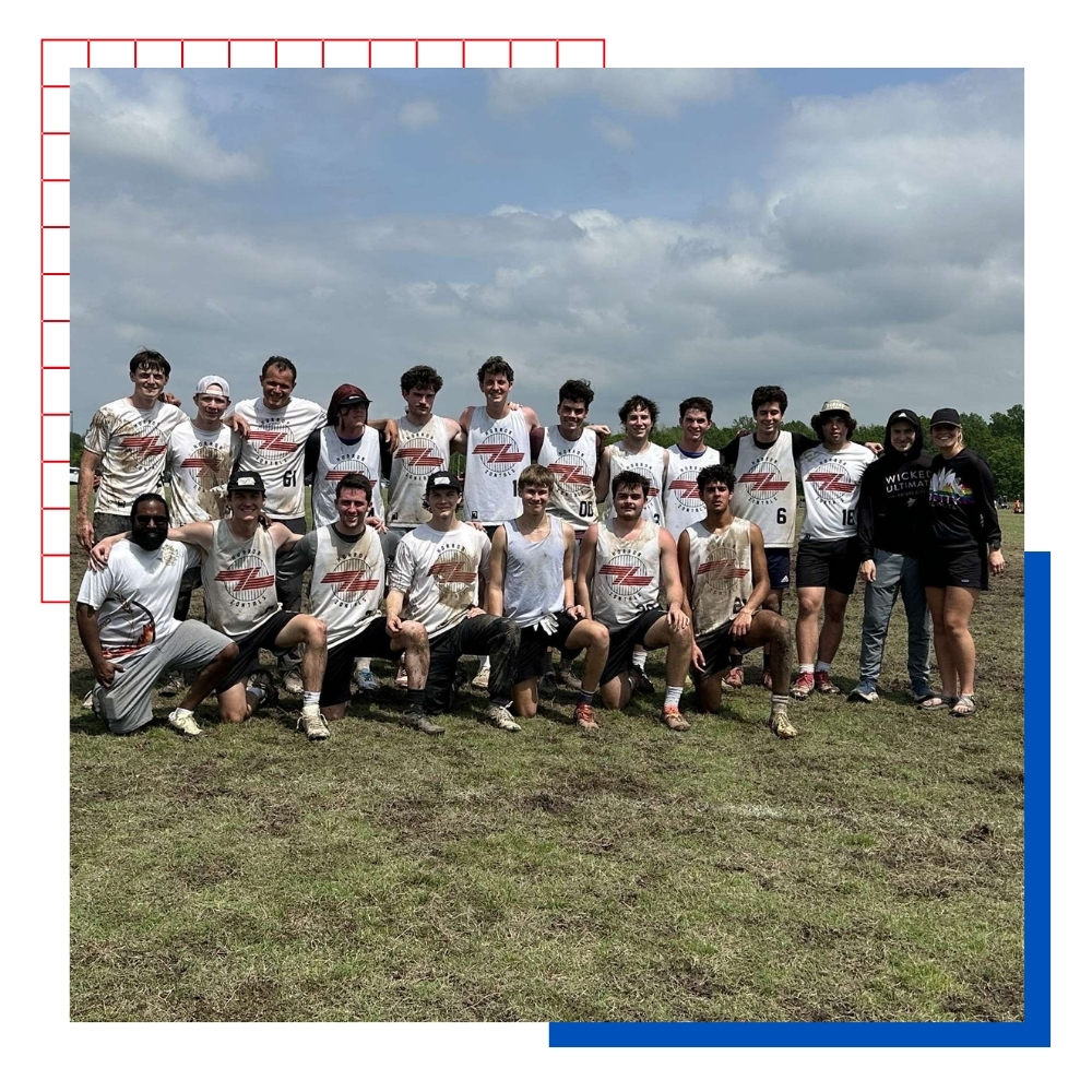 University of Kansas Ultimate Frisbee club members on the field after a game.