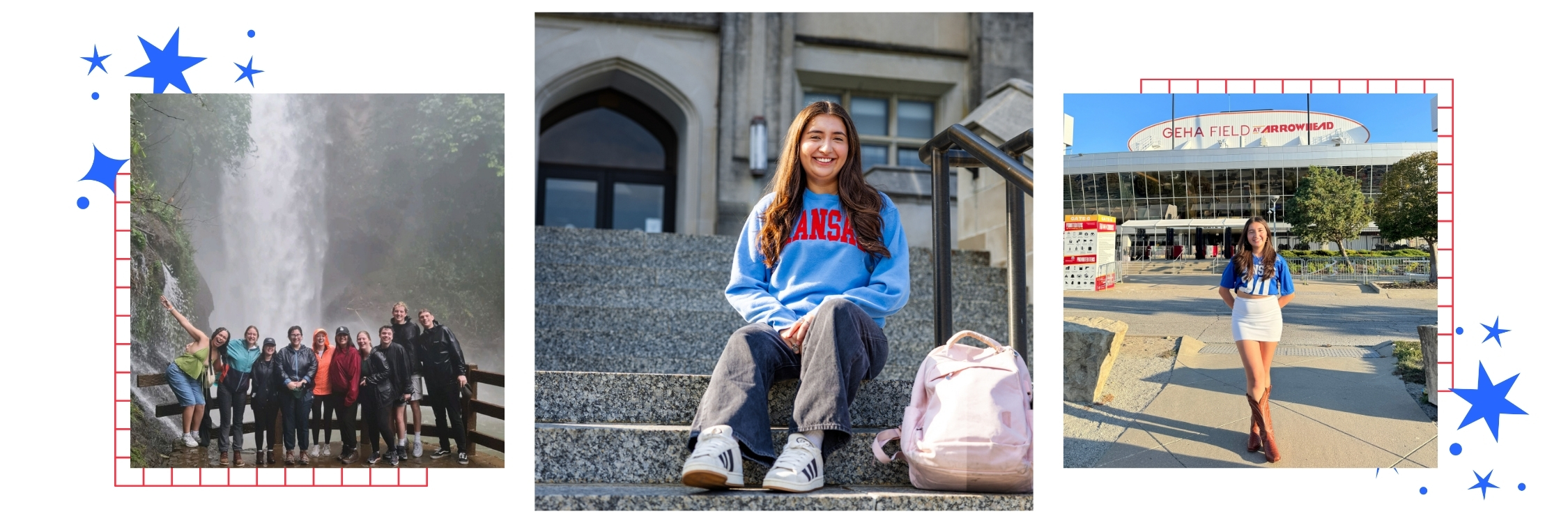 A photo collage of University of Kansas student Valeria Solis on campus and at a variety of locations for school events.