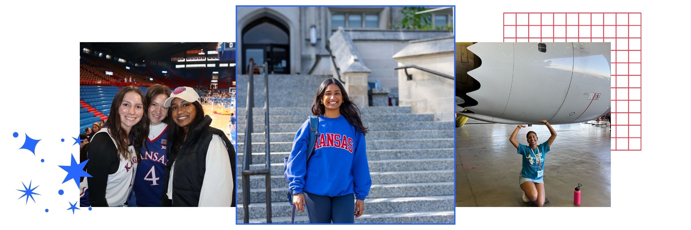 A graphic collage featuring University of Kansas student Alice Mungamuri and her KU campus experiences.