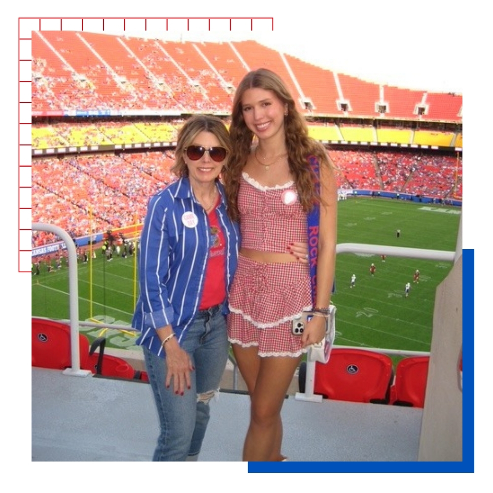 University of Kansas student Celeste Ruisinger and her mom at a KU football game at Arrowhead Stadium in Kansas City
