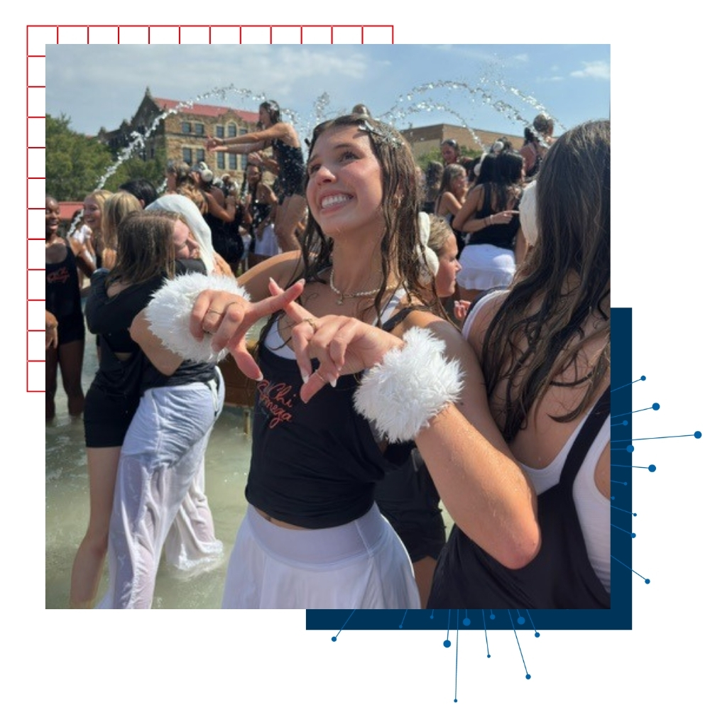 Celeste Ruisinger on the University of Kansas campus celebrating a Chi Omega sorority event.