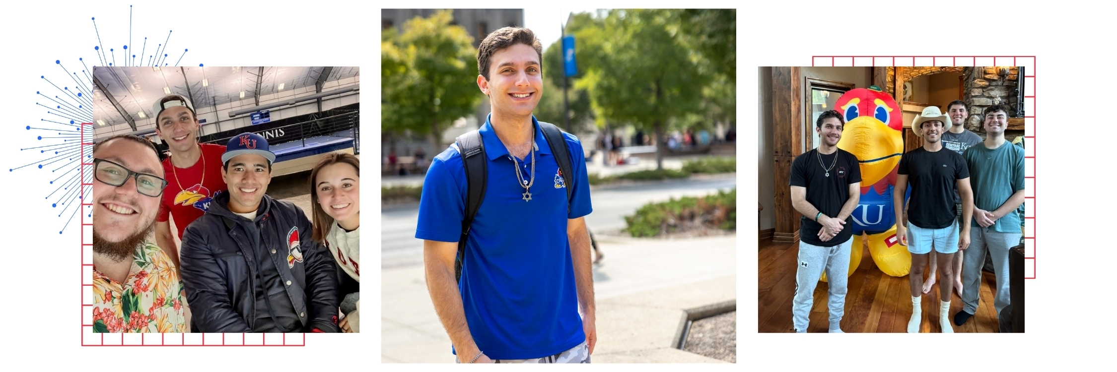 A photo collage featuring University of Kansas student ambassador Charles Lachman at various events.