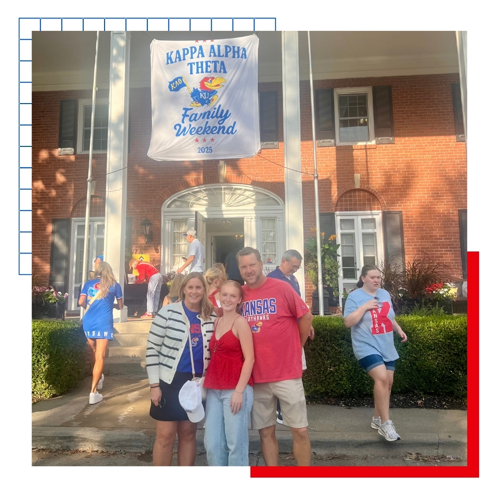 KU student Elizabeth Jones joins her parents for a photo in front of her sorority house during KU Family Weekend 2025.