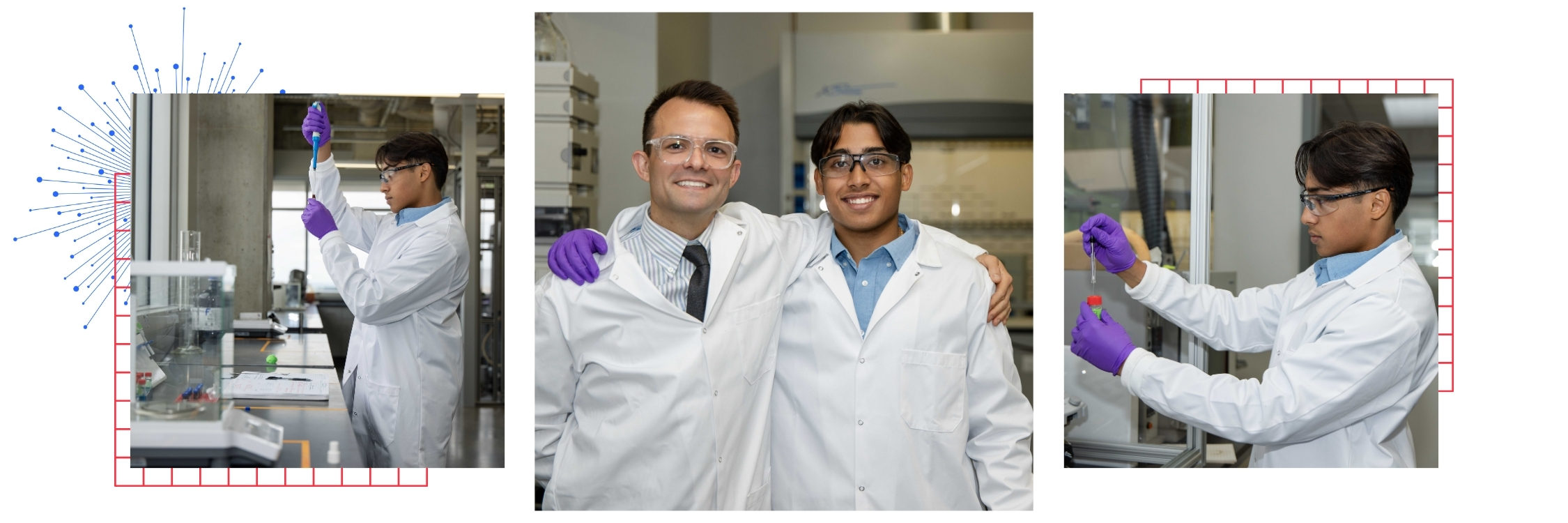 A graphic collage featuring University of Kansas undergraduate researcher, Pritam Ray, in a lab setting.
