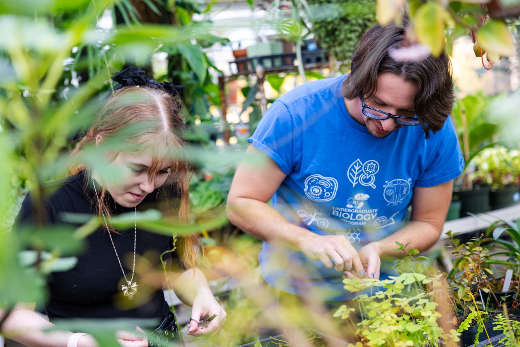 KU's Haworth Hall Greenhouse Manager works with a student to tend to plants inside the greenhouse. 