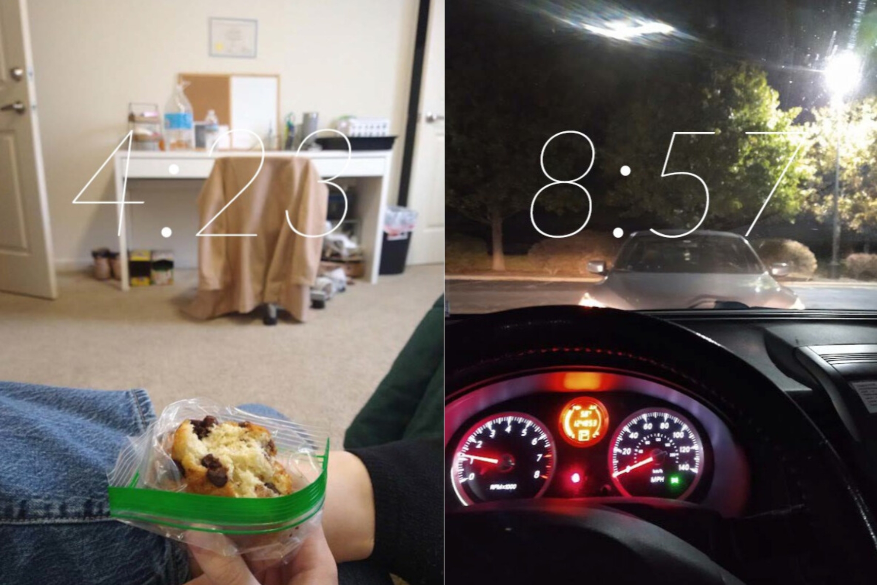 A photo collage featuring timestamped moment's from a KU architecture student's day, including a snack and the dashboard of a car.