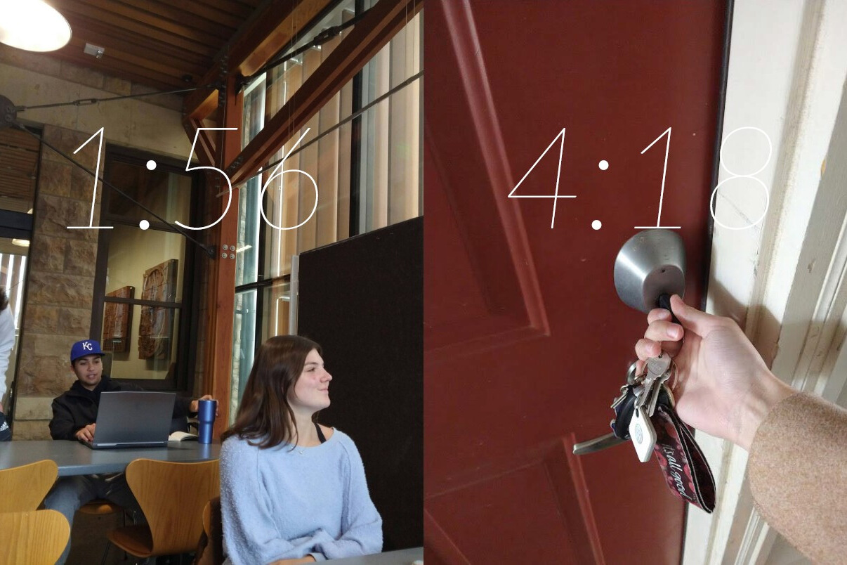 KU Architecture alumna Emily Almloff day in the life photo collage from the University of Kansas School of Architecture, featuring a classroom photo and keys opening a student apartment door. 