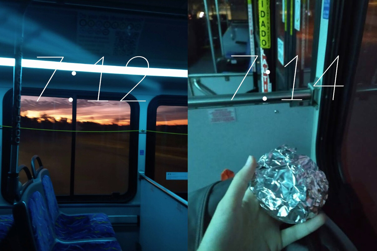 A KU student-submitted photo of breakfast and a view of the sunrise from a campus bus.