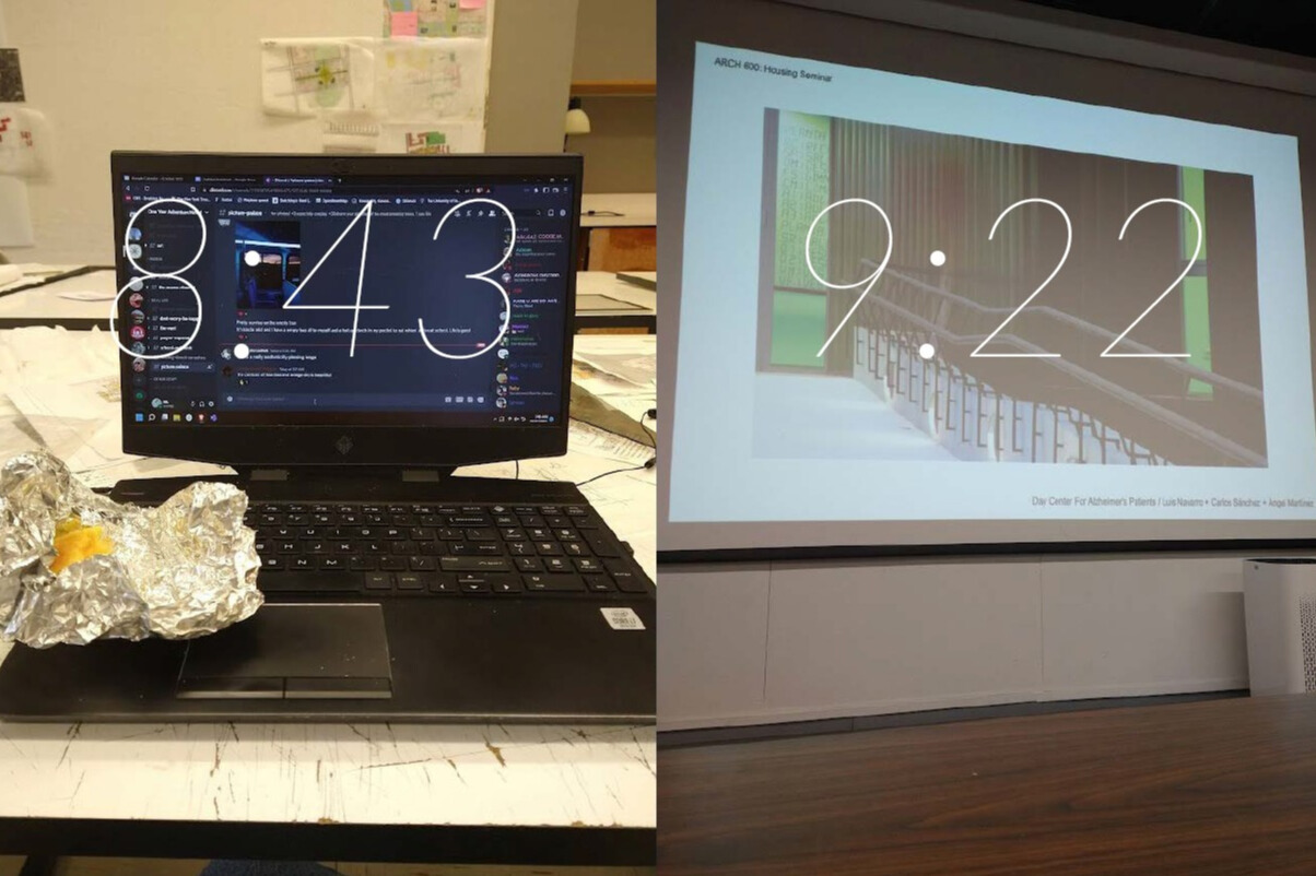 A photo collage featuring the University of Kansas School of Architecture and Design classrooms with time stamps overlaid.