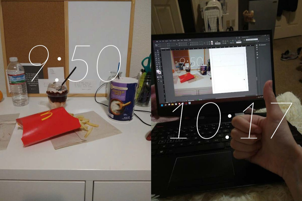 An image of  Mcdonald's french fries and a laptop screen from a student collage of a "day in the life". Time stamp overlay nots 9:50 and 10:17pm.