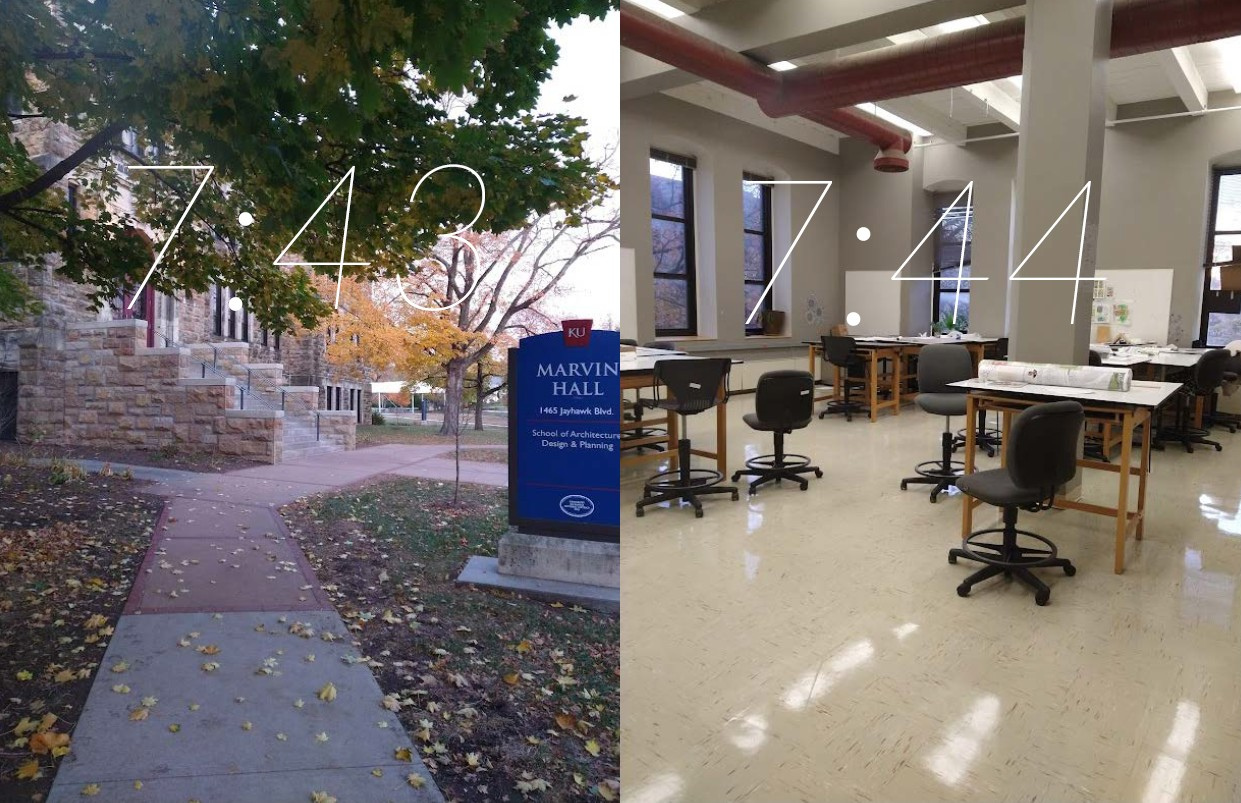A photo collage featuring the University of Kansas School of Architecture and Design campus buildings in Lawrence, Kansas, with time stamps overlaid.