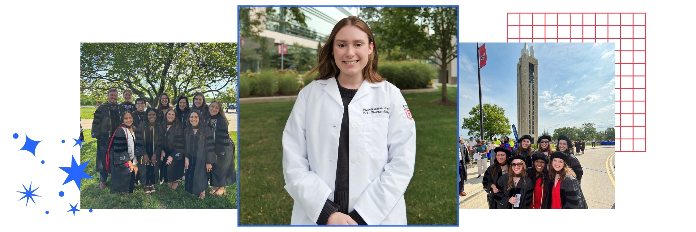 A collage featuring University of Kansas School of Pharmacy student Stacey Manahan in her white pharmacy lab coat, as well as graduation day images with her classmates.