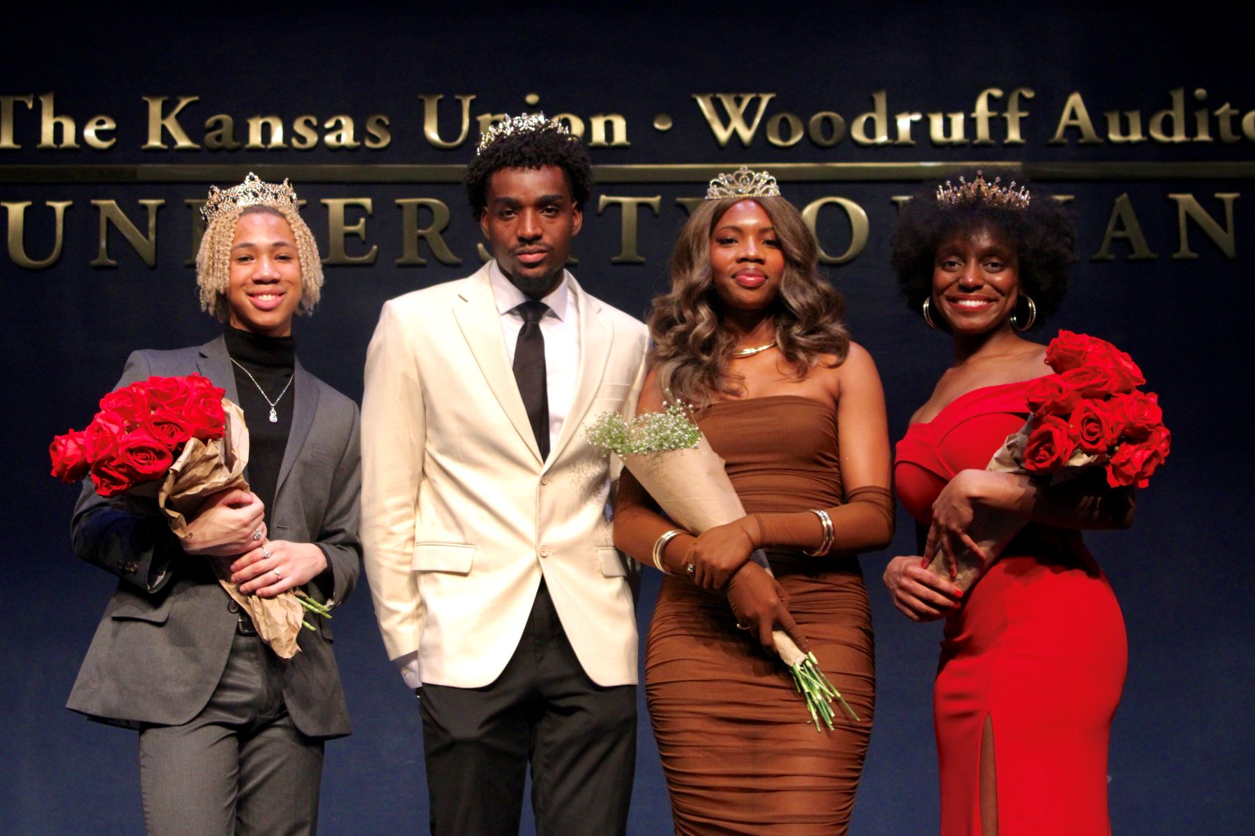 University of Kansas student Joshua Alston and other students on stage during an event at the Kansas Union.