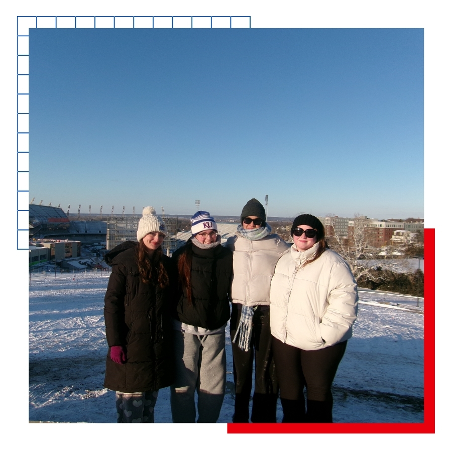 University of Kansas international student Ana Pineda poses for a snowy photo with friends on the Hill.