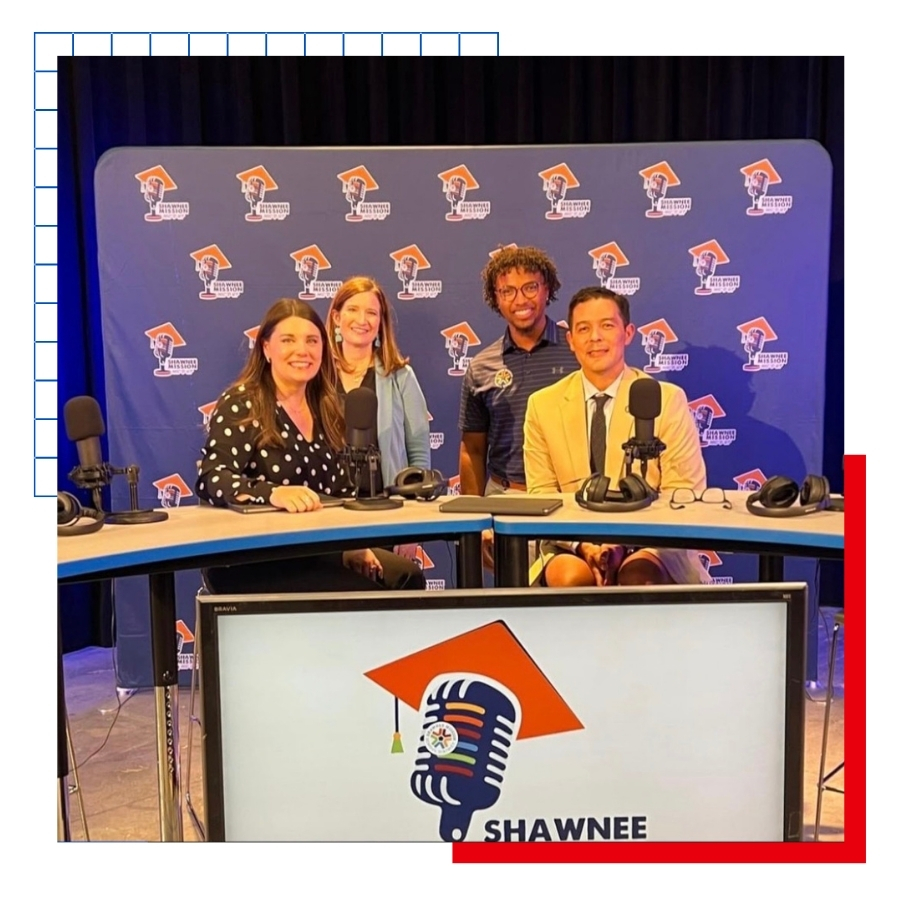 University of Kansas School of Education alumni Javen Betts poses with Shawnee Mission School District administrators during a podcast recording.