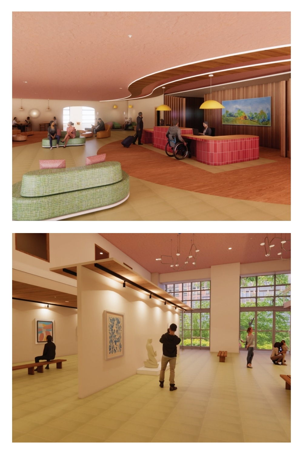 A collage of a hotel rendering from KU interior architecture student Hanna Lindenlaub.