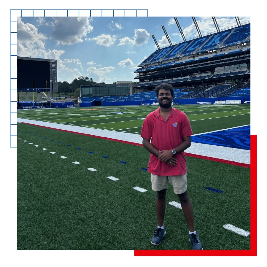 Tej Gumaste, an international student at the University of Kansas, tours the new football stadium on campus.