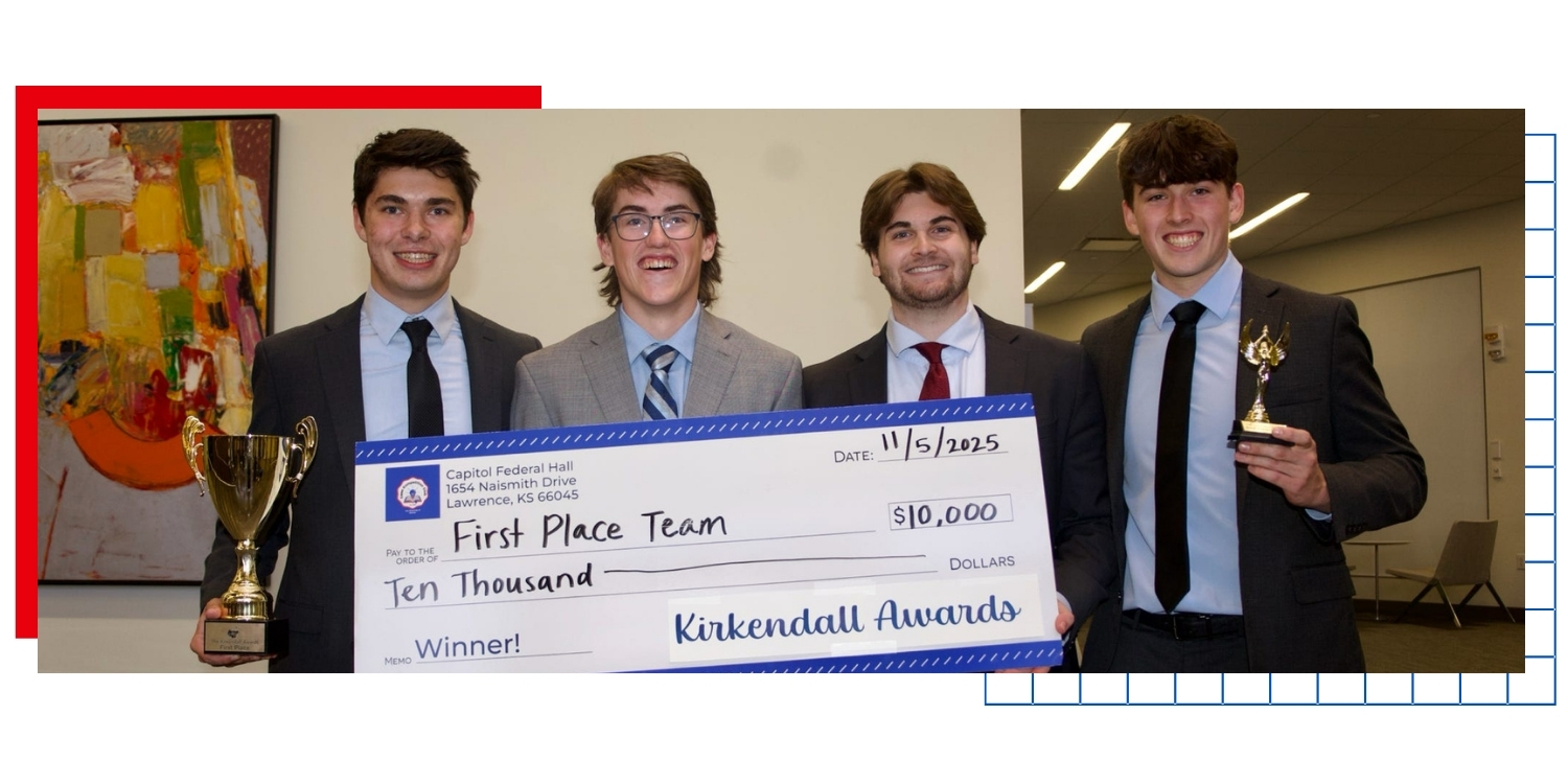 University of Kansas students hold a large check for $10,000 due to winning first place in the Kirkendall Awards Challenge. 