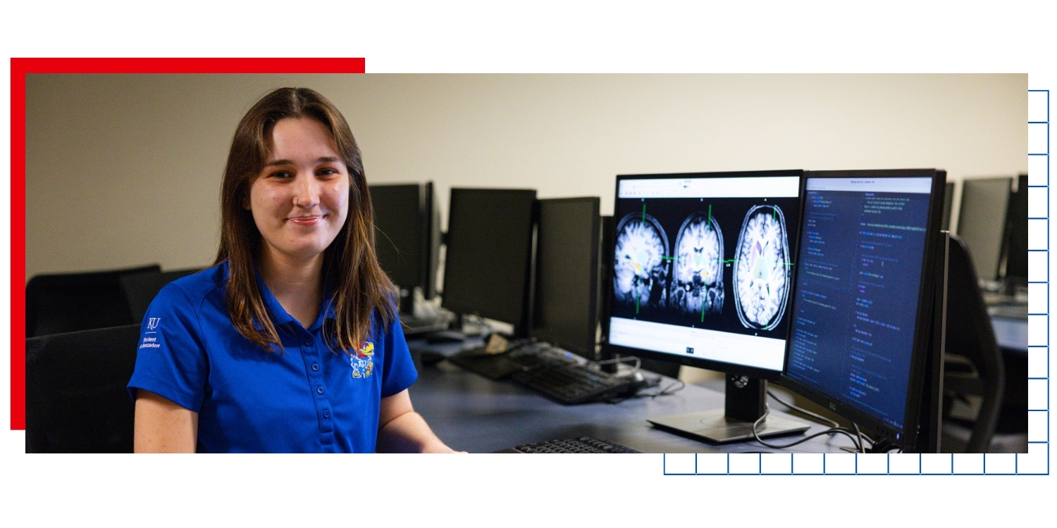 University of Kansas transfer engineering student Emily Messenger works at a computer lab.