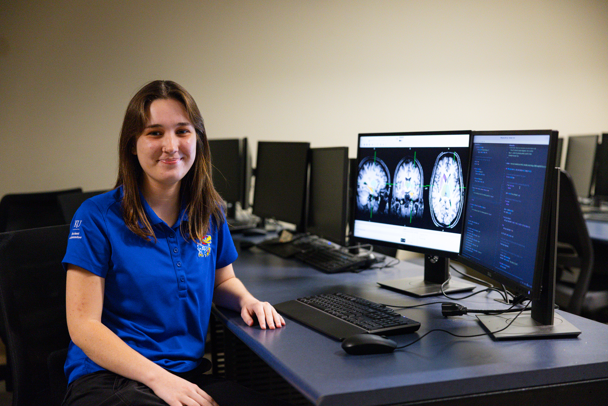 University of Kansas transfer engineering student Emily Messenger works at a computer lab.