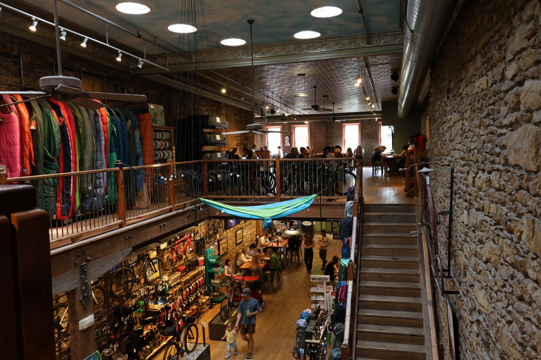 An interior view from the upstairs of Sunflower Cafe and Bike Shop in downtown Lawrence Kansas.