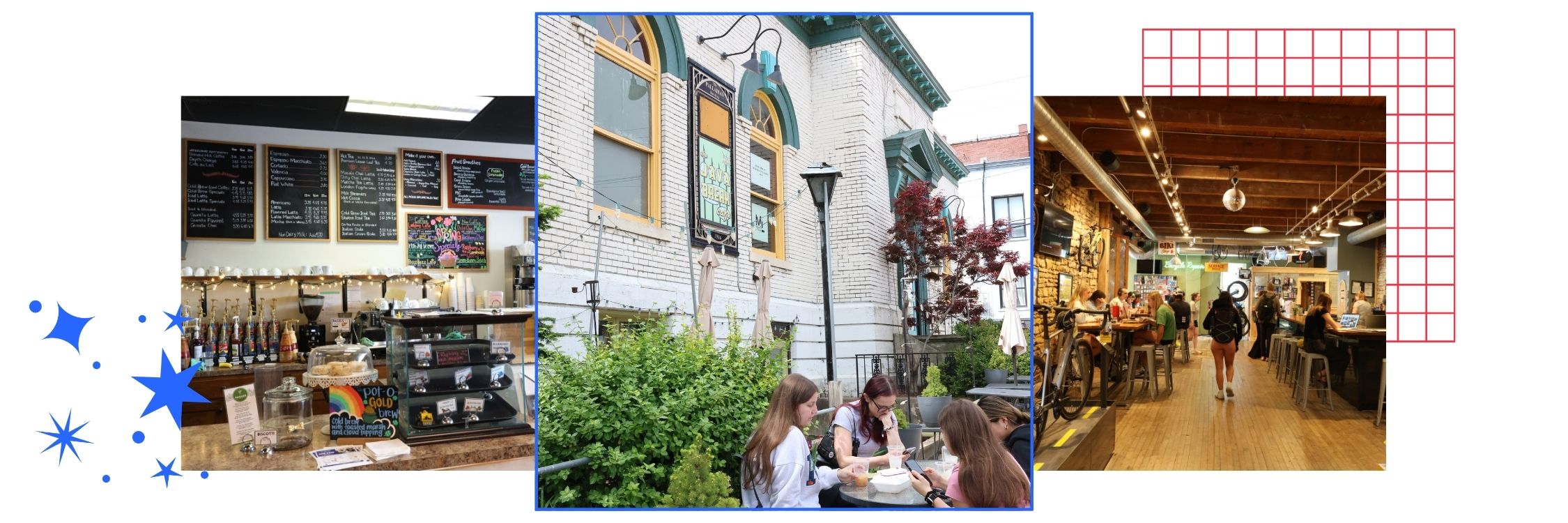 A graphic collage from the KU Admissions blog featuring photos of a variety of Lawrence Kansas coffee shops and study spots.