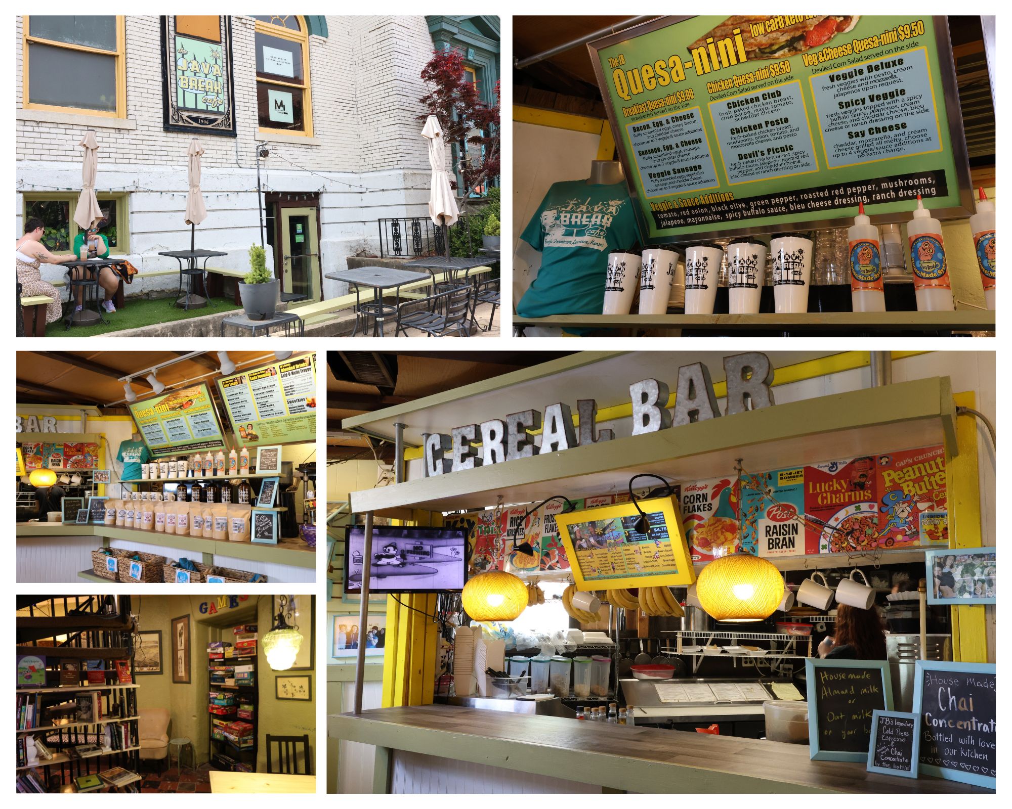 A photo collage featuring photos of the interior and exterior of Java Break, a downtown Lawrence Kansas coffee shop that is popular with KU students.