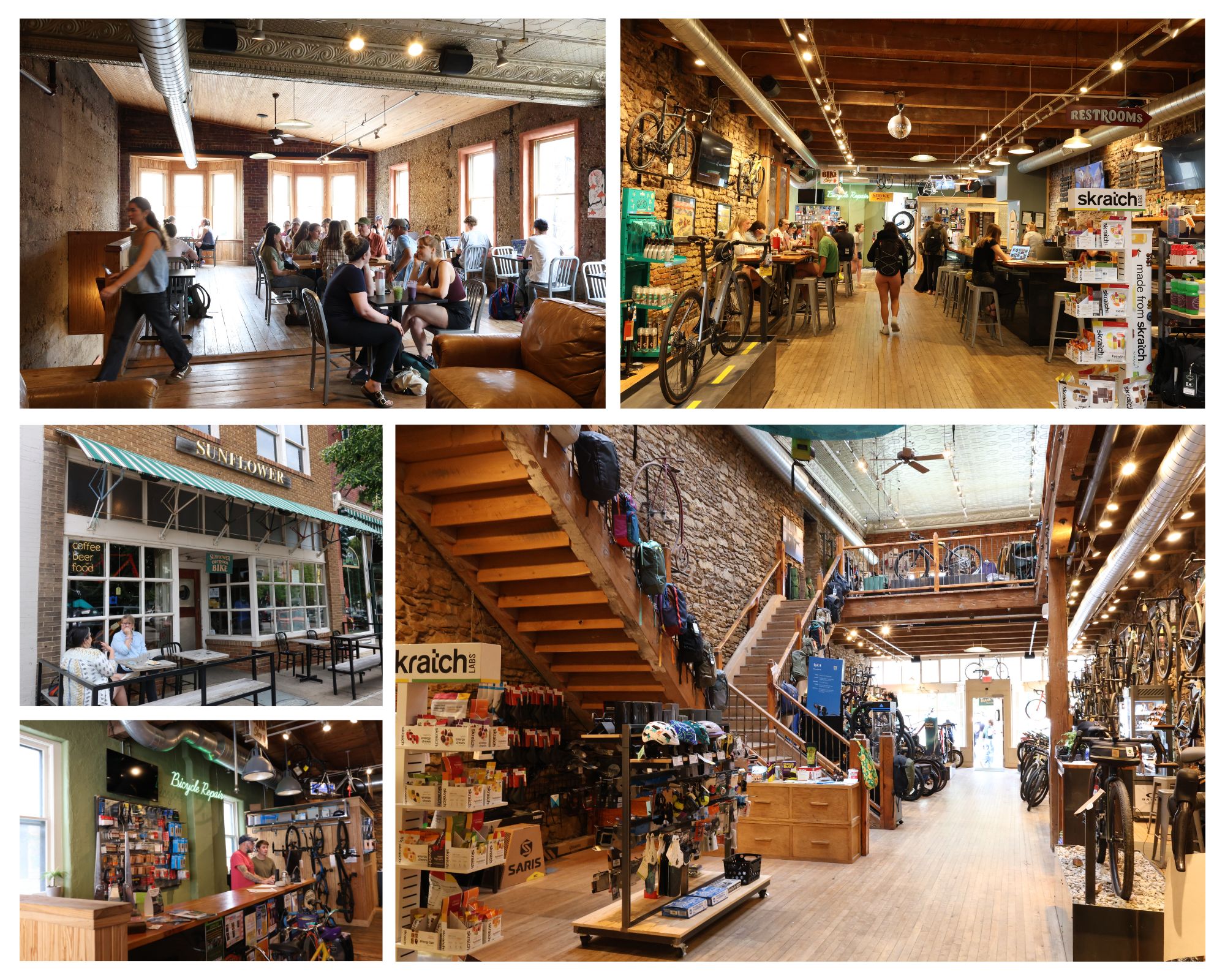 A photo collage of Sunflower Bike Shop and Cafe, a favorite coffee shop and study spot for KU students.