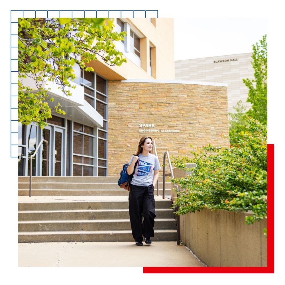 University of Kansas transfer engineering student Emily Messenger walks in front of the Spahr Engineering classroom on campus.