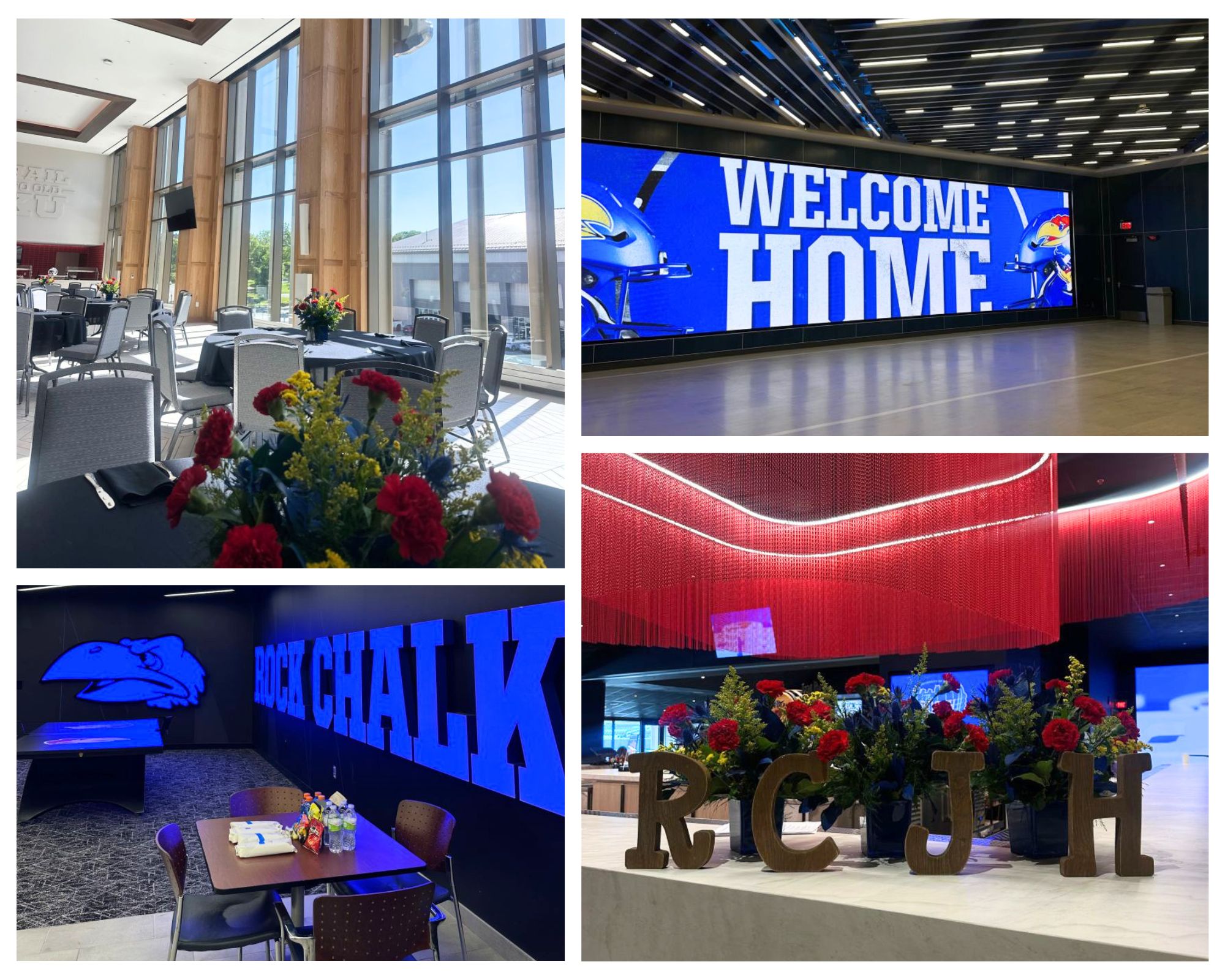 A photo collage featuring KU Football events set up by Trinity Dokes, a Sports Mangement student intern at the University of Kansas.