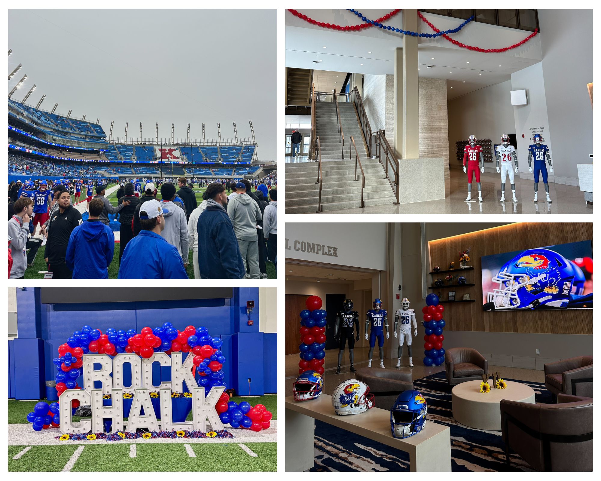 A photo collage depicting several images of KU football program highlights, like a Rock Chalk sign, behind the scenes uniforms and meeting areas.