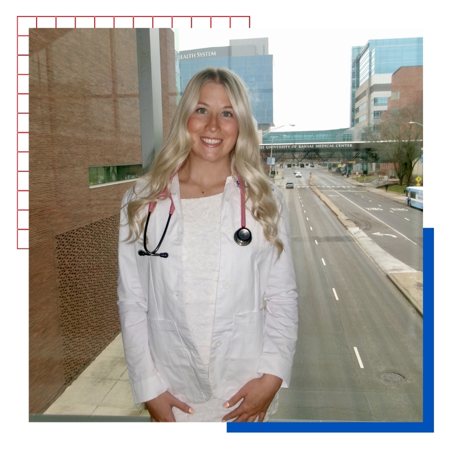 University of Kansas nursing student poses for a portrait in her white nursing coat at the KU Med Center campus.