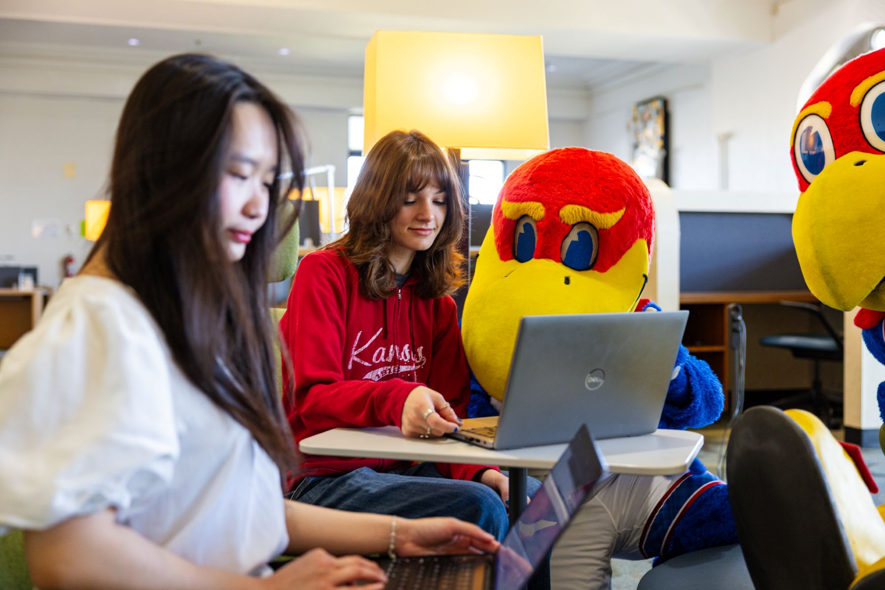 Two University of Kansas students choose classes in the Watson Library with the KU mascots, Big Jay and Baby Jay.