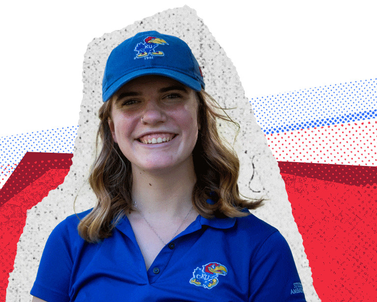 "Photo of Amelia. She is wearing a Jayhawk ball cap and shirt. The background of the photo has been replaced with an animated background consisting of paper textures, red and blue dots and limestone texture."
